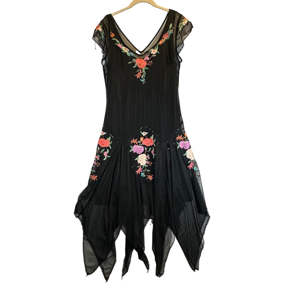 Mixit Black Mesh Floral Embroidered Handkerchief Hem Dress Small Y2K Whimsigoth